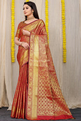 Unveiled Elegance Golden Worked Red Heavy Banarasi Saree